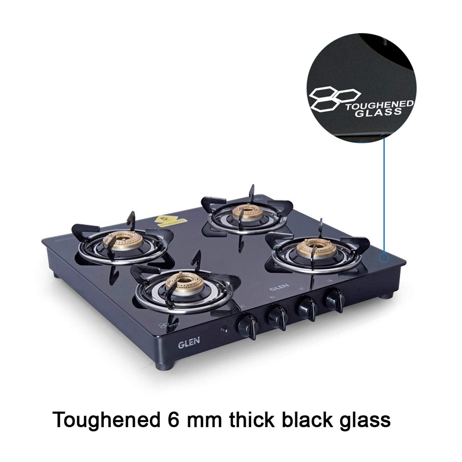 Glen 4 Burner LPG 6mm Thick Toughened Glass Top Gas Stove|Brass Burner|ISI Certified|Auto Ignition|Black|Drip Trays|Revolving Inlet Nozzle|2 Year Warranty On Product|CT4B55BLBBAI