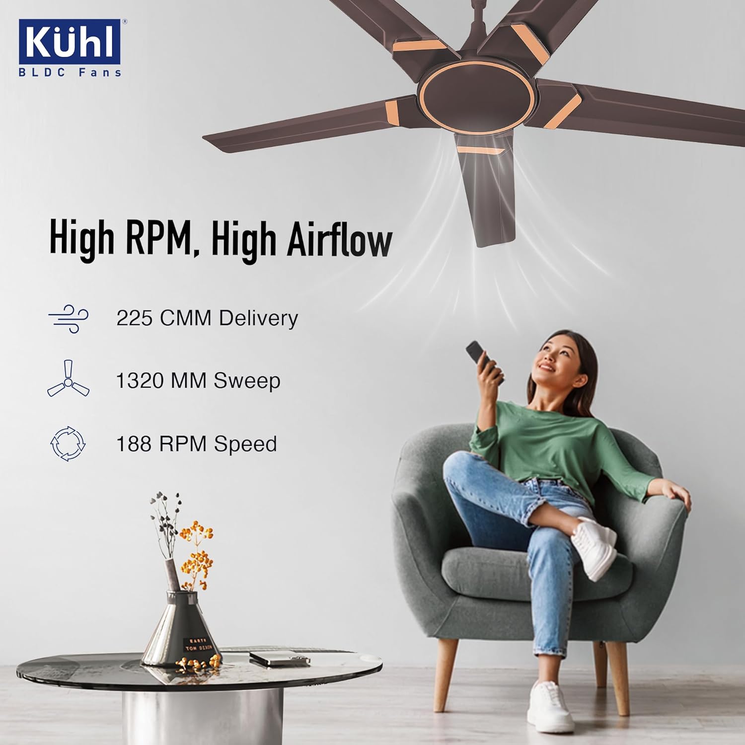 KUHL Brise Star E5 1320mm BLDC Ceiling Fan with Remote | 65% Energy Savings | BEE 5 Star & ISI Certified | High Air Flow