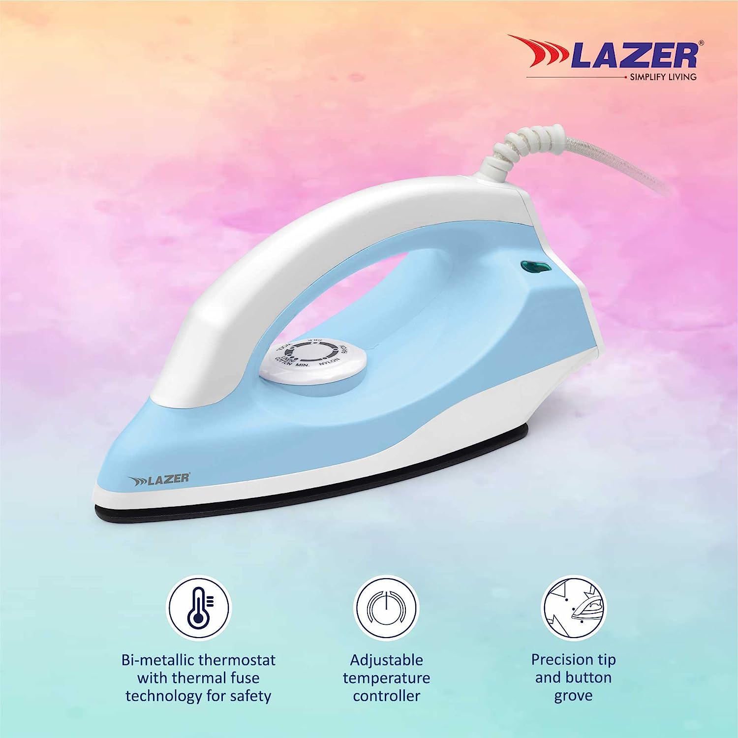 Lazer Glide 1000W ISI Certified Dry Iron With Over Heating (Sky Blue)