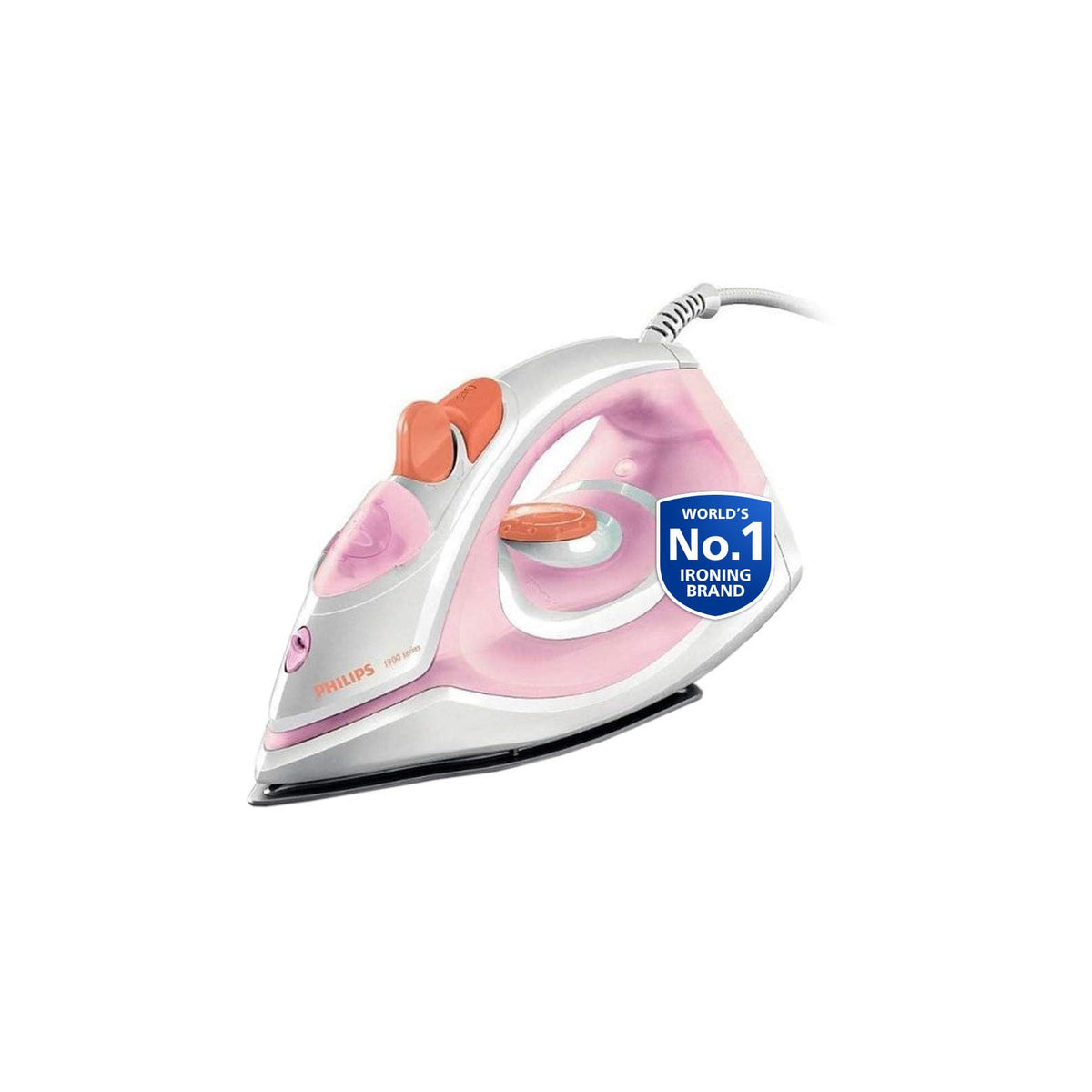 Philips GC1920/28 pink steam iron with a World's No.1 Ironing Brand badge on a white background