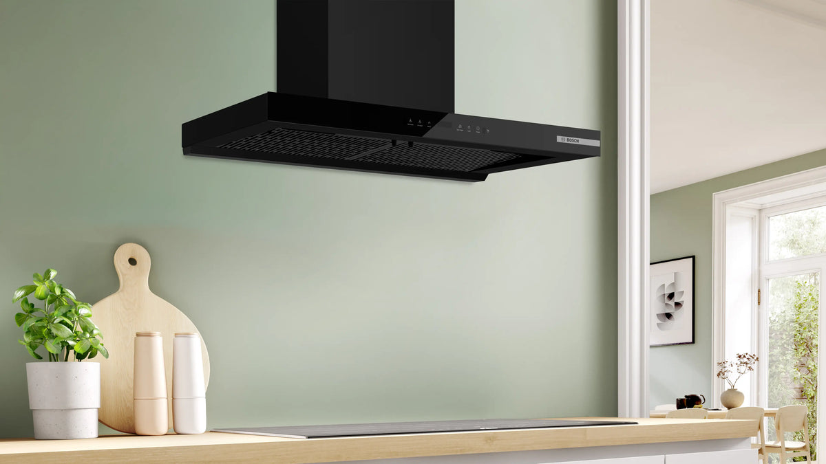 Bosch DWB91CJ60I 90 cm black wall-mounted chimney - angled view