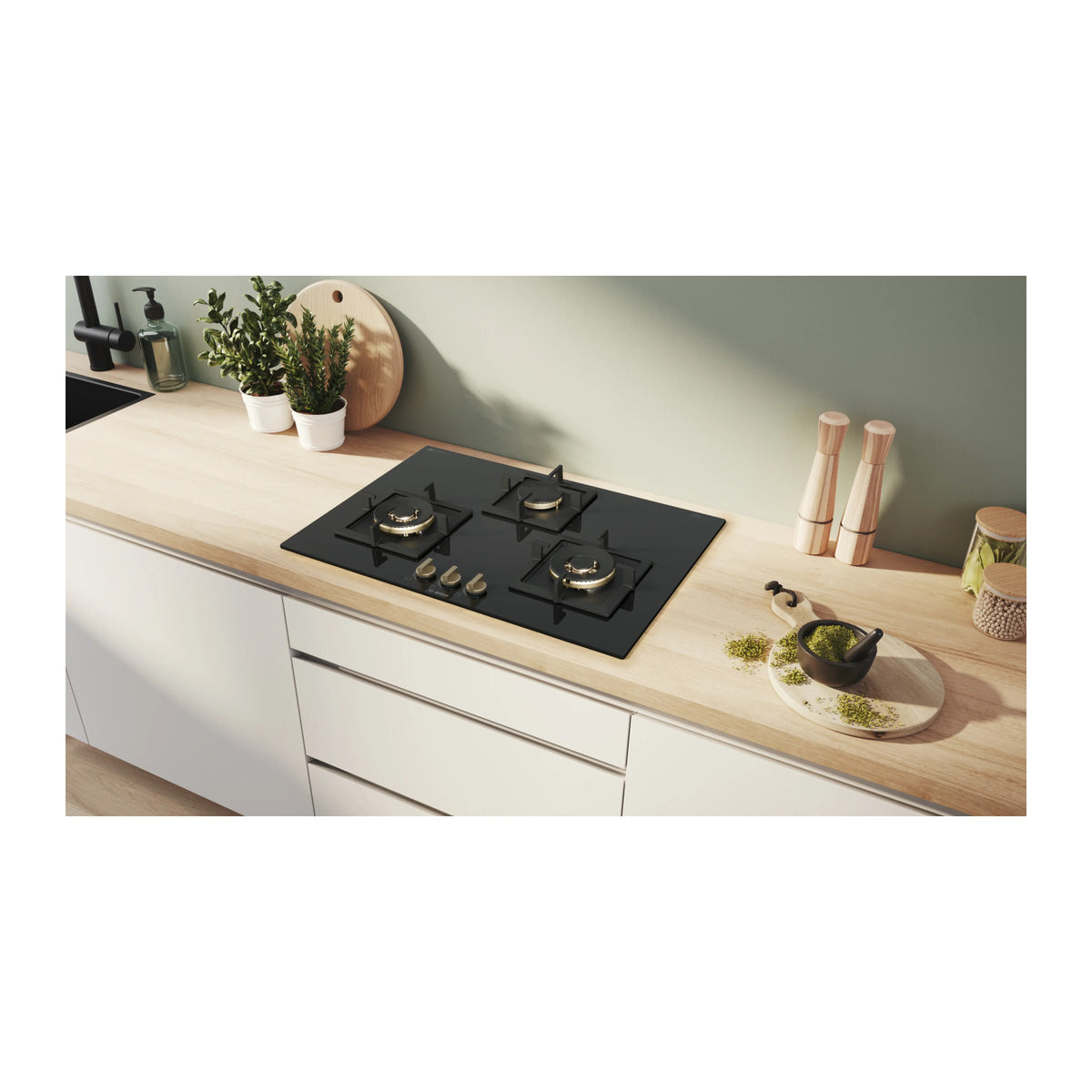 Bosch PND7B6F21I 75 cm black glass built-in gas hob fitted in a wooden kitchen worktop