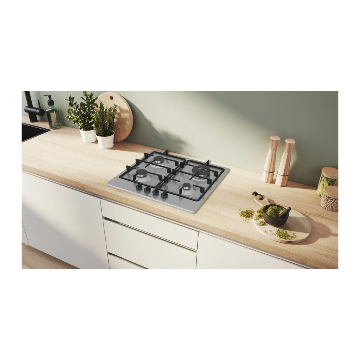Bosch PGH6B5K60I stainless steel 4 burner gas hob installed in a wooden kitchen worktop