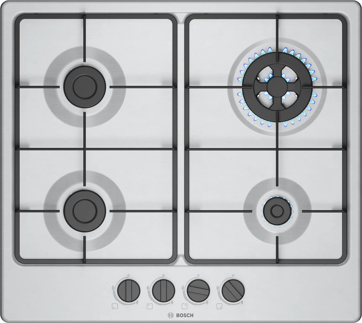 Top view of Bosch PGH6B5K60I 60 cm gas hob showing four burners, pan supports and control knobs
