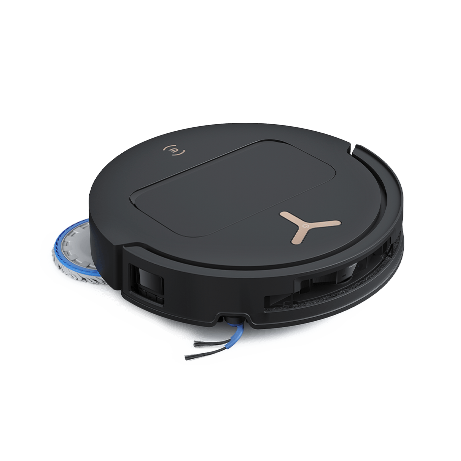 Top view of the Ecovacs DEEBOT T50S Pro OMNI robot with side brush and extended mop pad visible