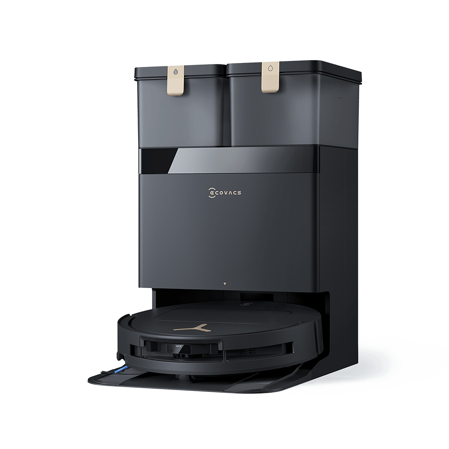 Ecovacs DEEBOT T50S Pro OMNI robot and OMNI Station shown at an angle with dual tanks and the robot docked