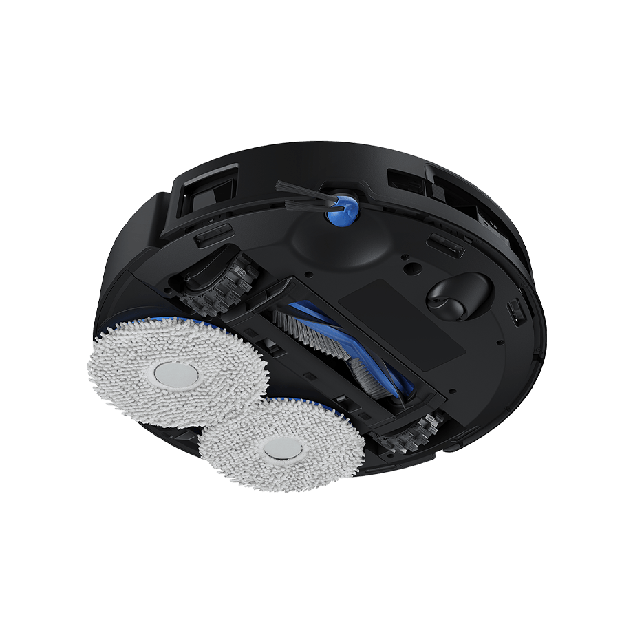 Underside of the Ecovacs DEEBOT T50S Pro OMNI showing two round mop pads, main brush, side brush and wheels