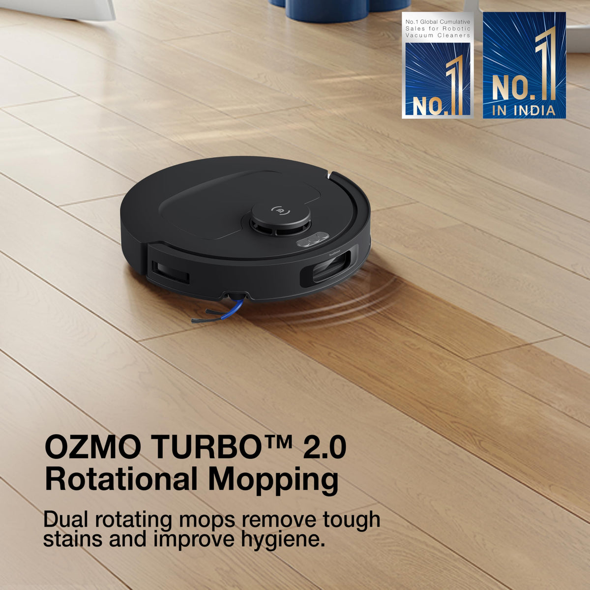 Ecovacs DEEBOT N50 PRO OMNI mopping a wooden floor with OZMO TURBO 2.0 dual rotating mops