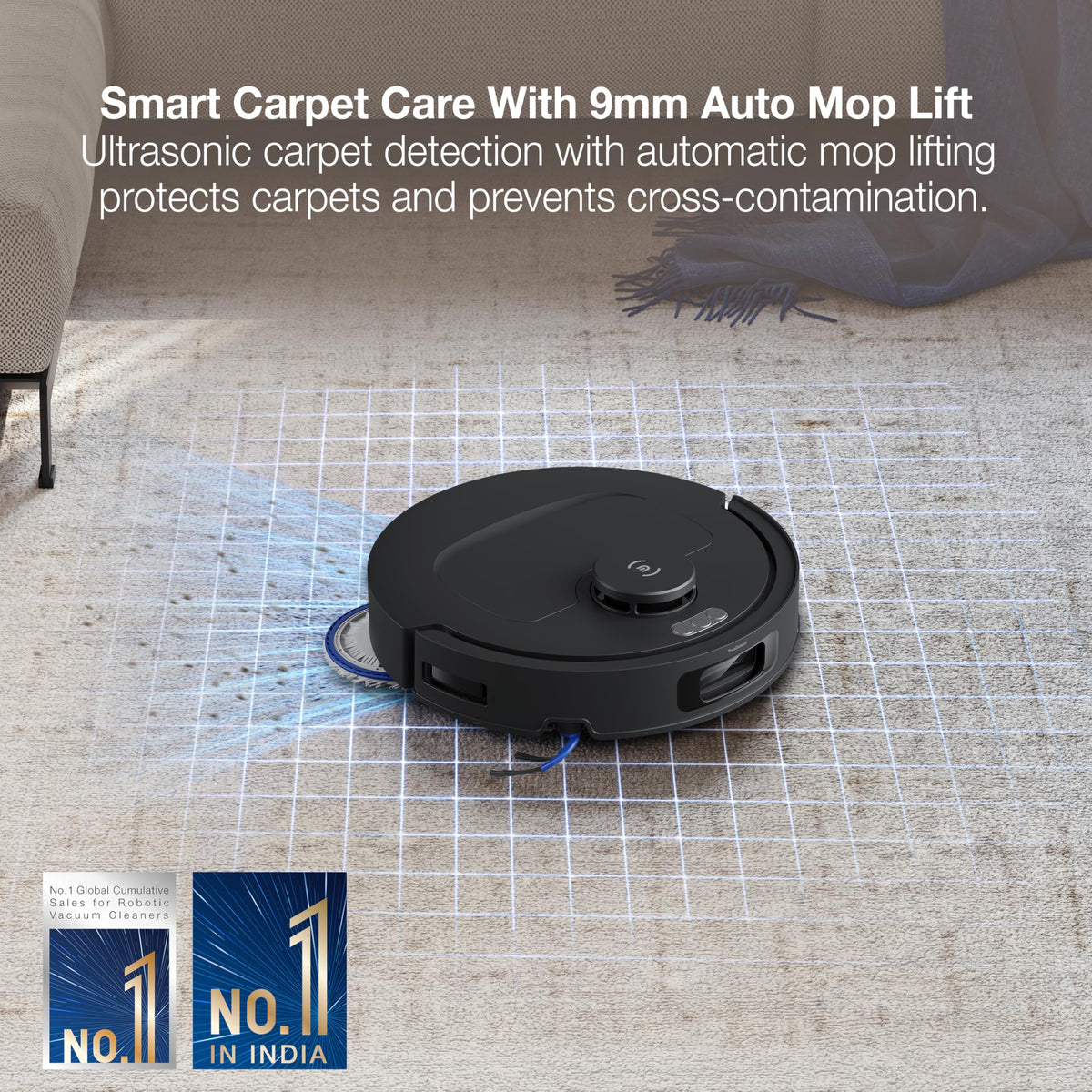 Ecovacs DEEBOT N50 PRO OMNI on a carpet showing ultrasonic carpet detection and 9 mm auto mop lift