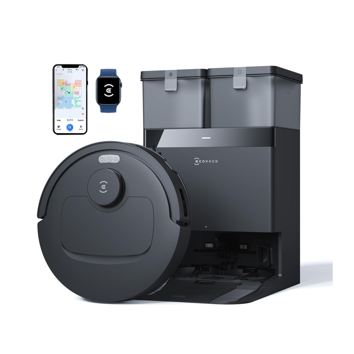 Ecovacs DEEBOT N50 PRO OMNI black robot vacuum and mop beside its OMNI station with two water tanks, shown with the app on a phone and a smartwatch