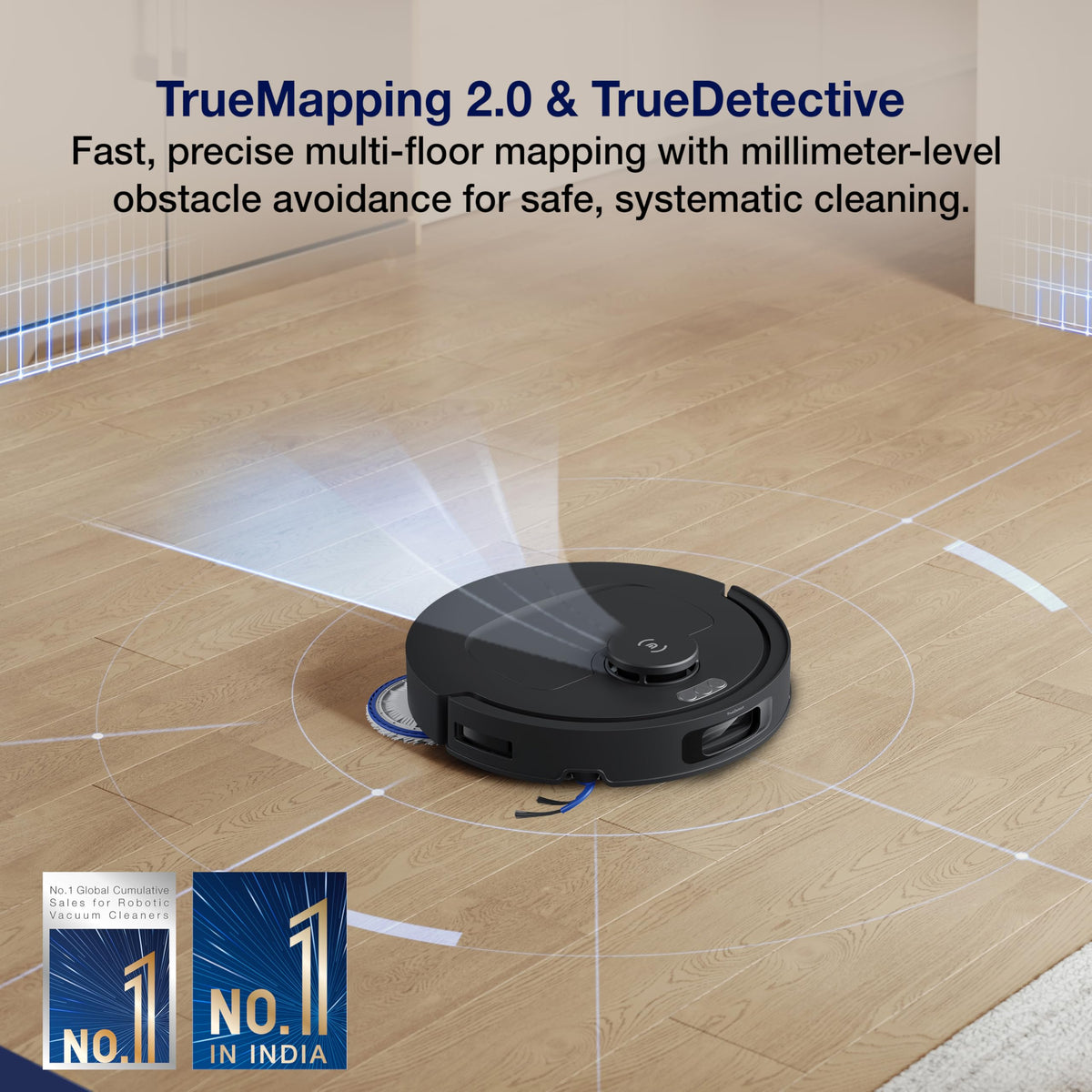 Ecovacs DEEBOT N50 PRO OMNI mapping a wooden floor with TrueMapping 2.0 and TrueDetective obstacle avoidance graphics