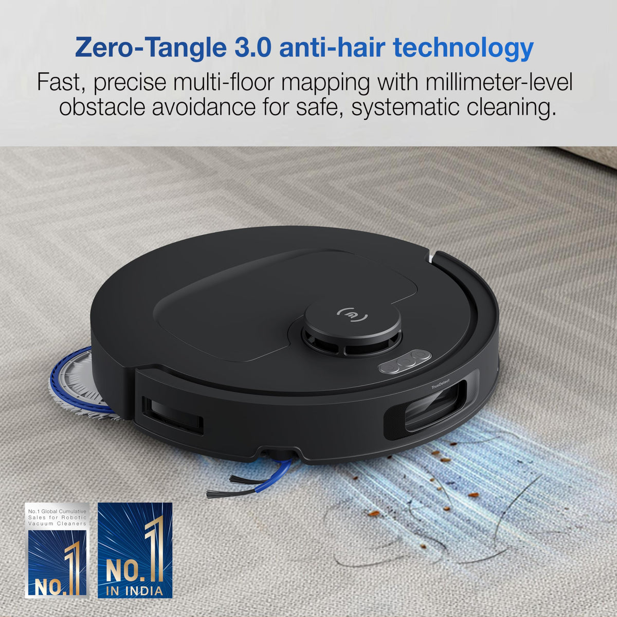 Ecovacs DEEBOT N50 PRO OMNI picking up crumbs and hair on a rug with Zero-Tangle 3.0 anti-hair technology