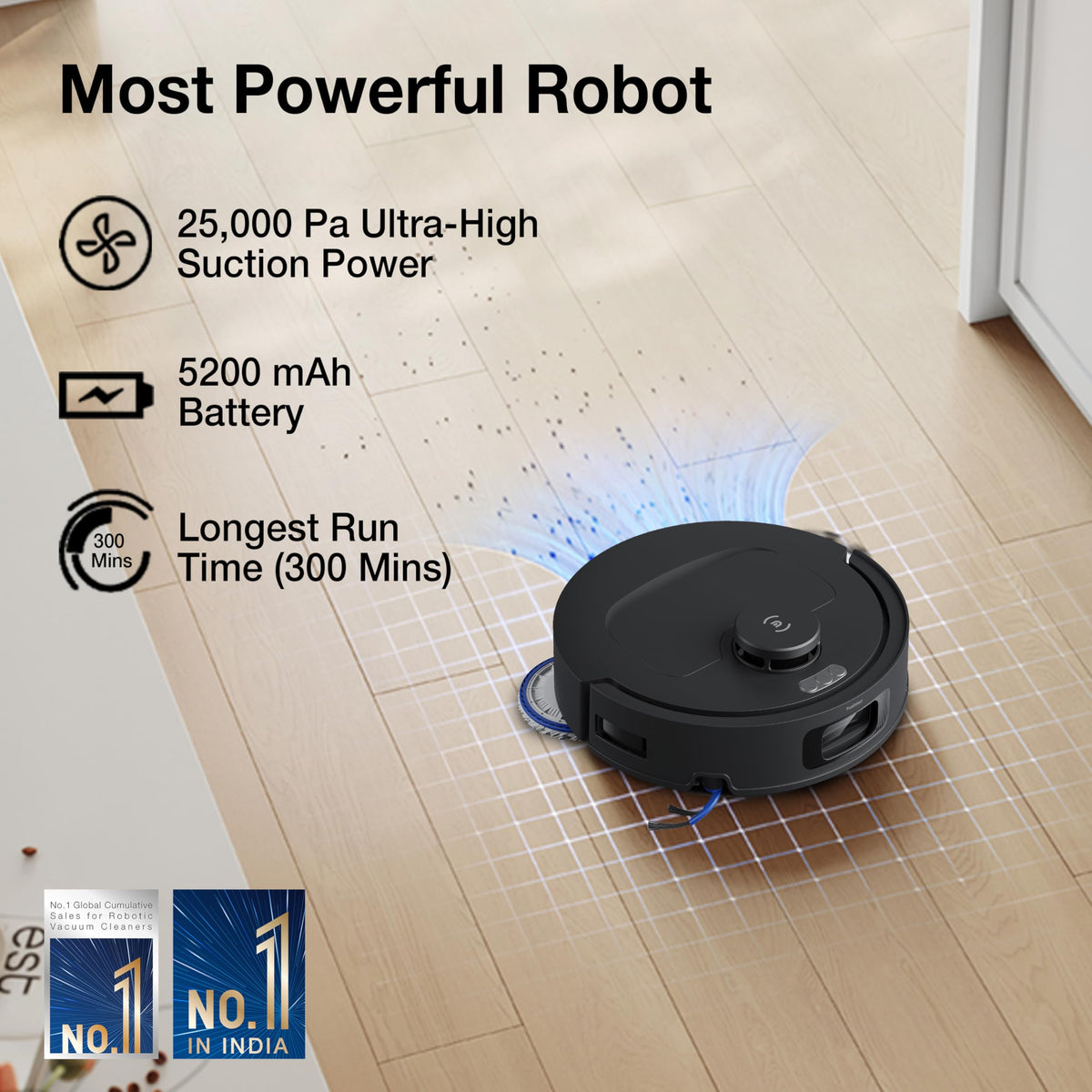 Ecovacs DEEBOT N50 PRO OMNI robot cleaning a wooden floor, with 25,000 Pa suction, 5200 mAh battery and 300 minute run time callouts