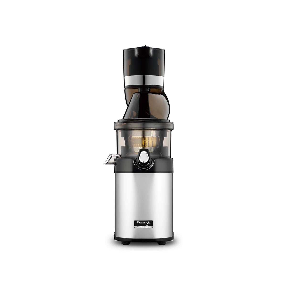 Kuvings CS600 commercial cold press juicer with steel body, wide 88 mm feed chute and juice bowl, front view on white background