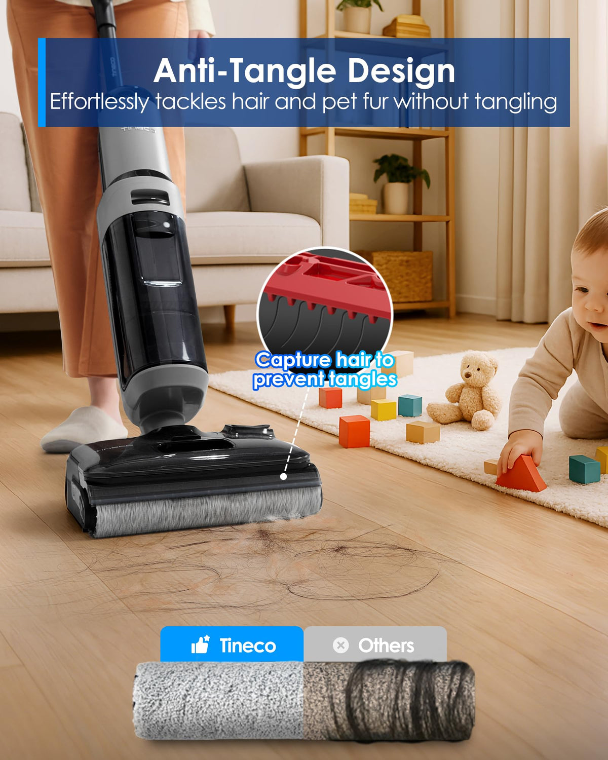 Tineco I5 Stretch Plus II anti-tangle brush roller picking up hair on a wooden floor beside a playing baby