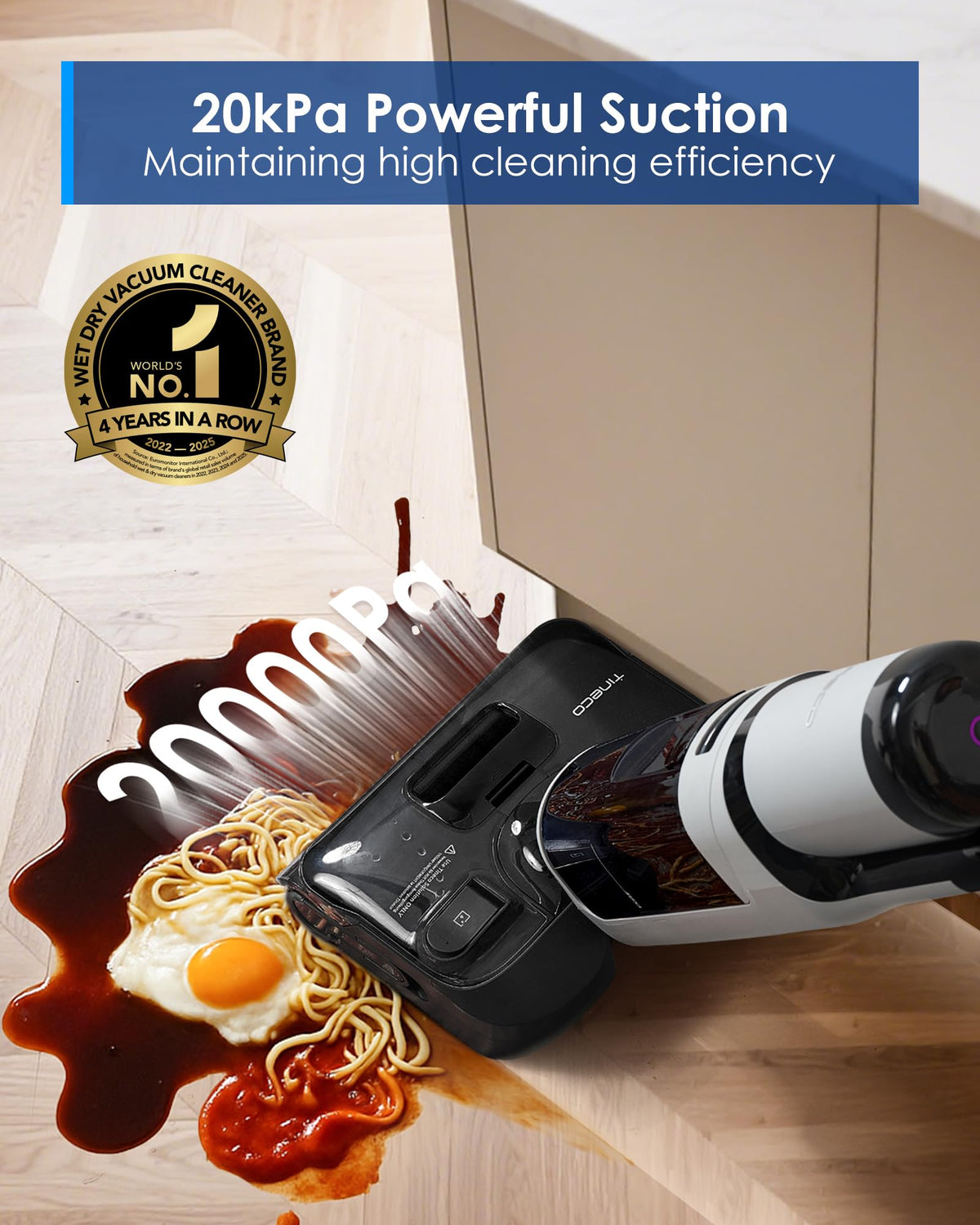 Tineco I5 Stretch Plus II cleaning a noodle and sauce spill on a hard floor with 20kPa suction callout