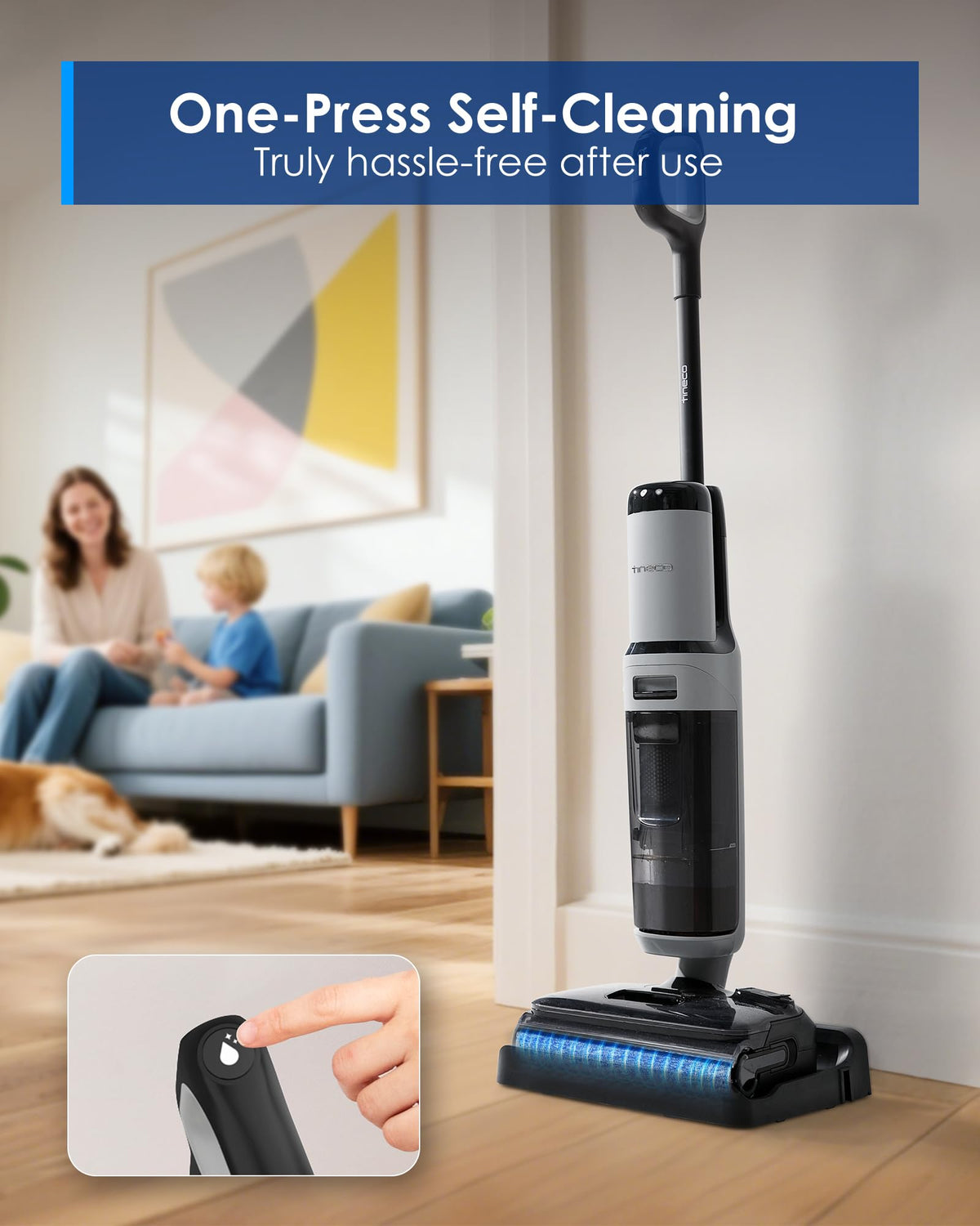 Tineco I5 Stretch Plus II standing on its self-cleaning base with a finger pressing the self-clean button