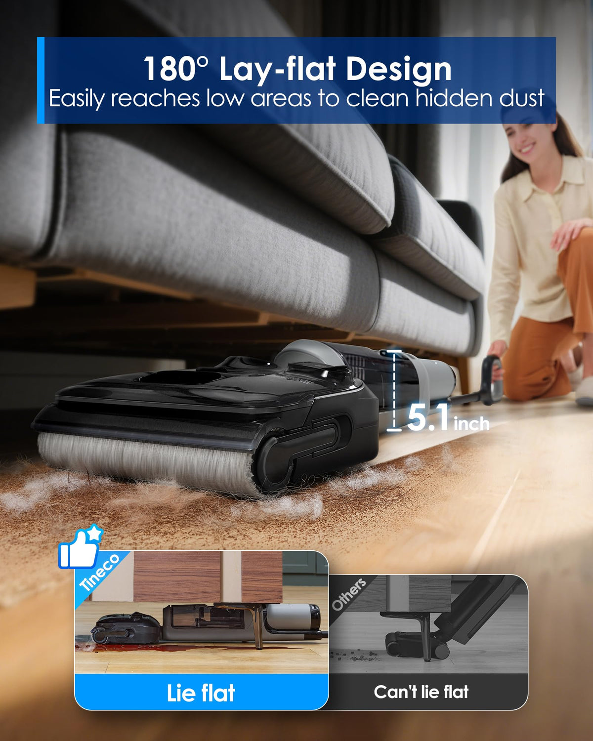 Tineco I5 Stretch Plus II lying flat to clean under a sofa, with 5.1 inch height marked