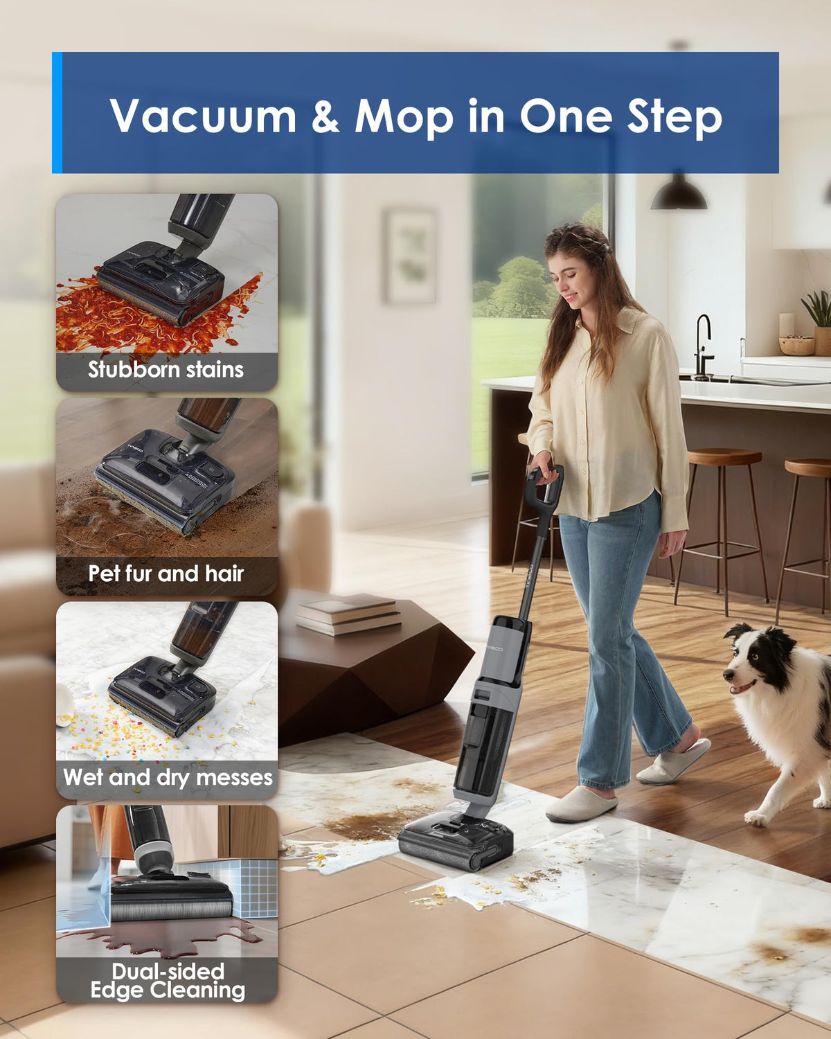 Tineco I5 Stretch Plus II vacuuming and mopping stains, pet fur, wet and dry messes and edges in a home