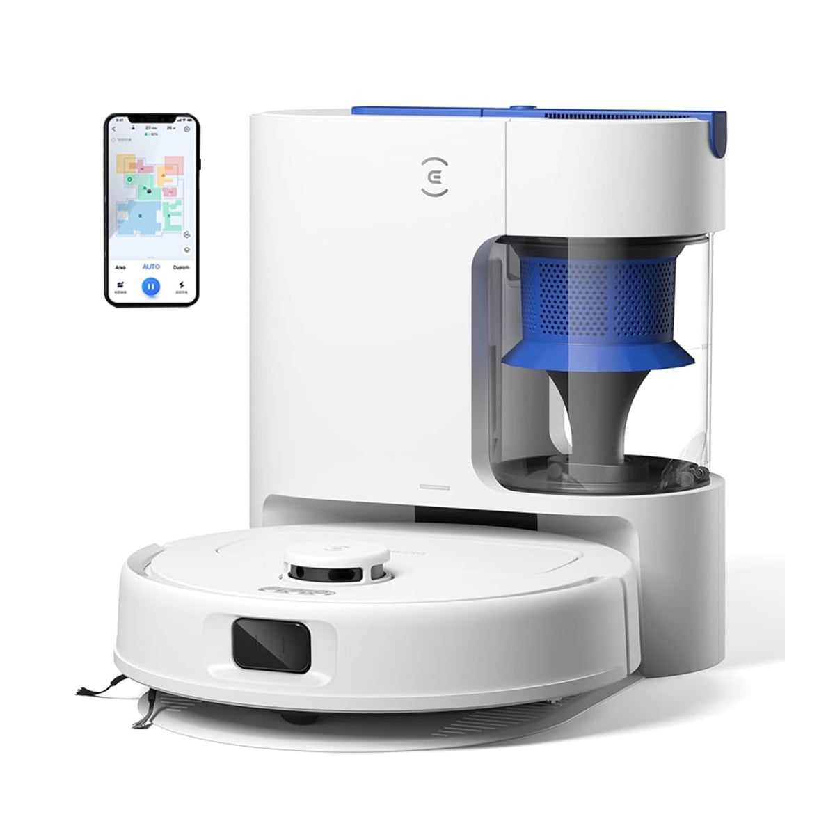 Ecovacs DEEBOT N30 PLUS white robot vacuum docked in its Auto-Empty Station, with the app map shown on a phone