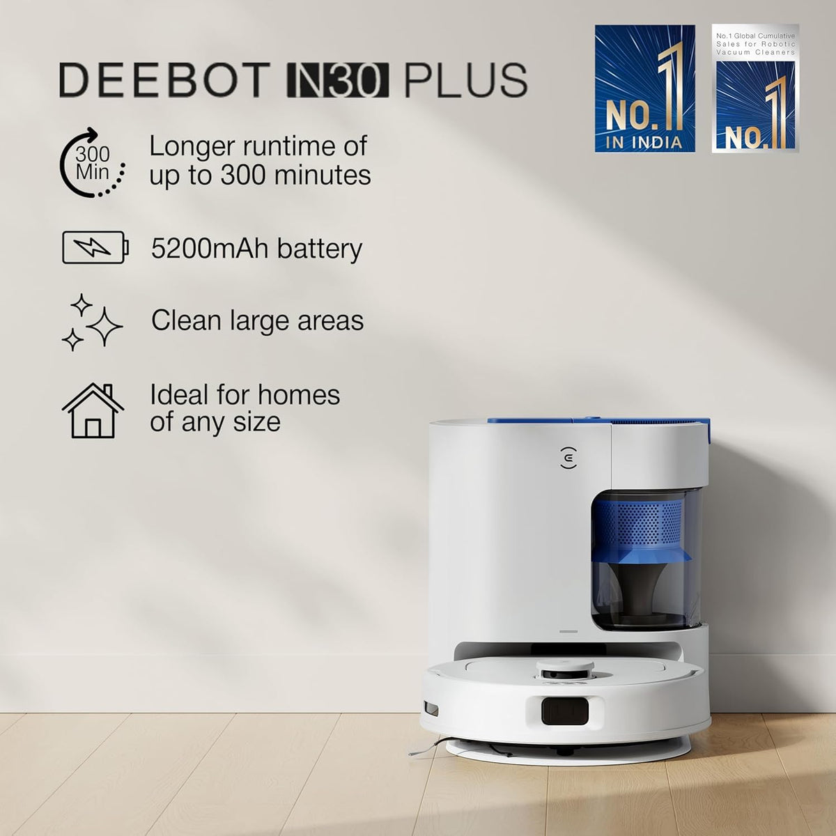 Ecovacs DEEBOT N30 PLUS with Auto-Empty Station on a wooden floor, listing 300-minute runtime and 5200mAh battery