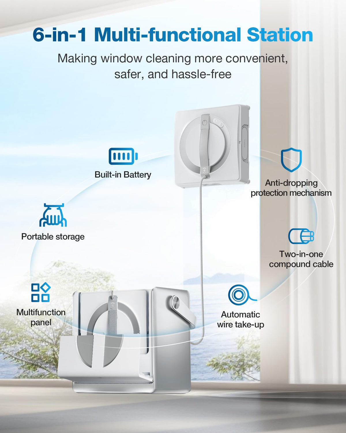 Ecovacs WINBOT W2 PRO OMNI with its 6-in-1 multi-functional station showing battery, storage, panel, cable and wire take-up icons