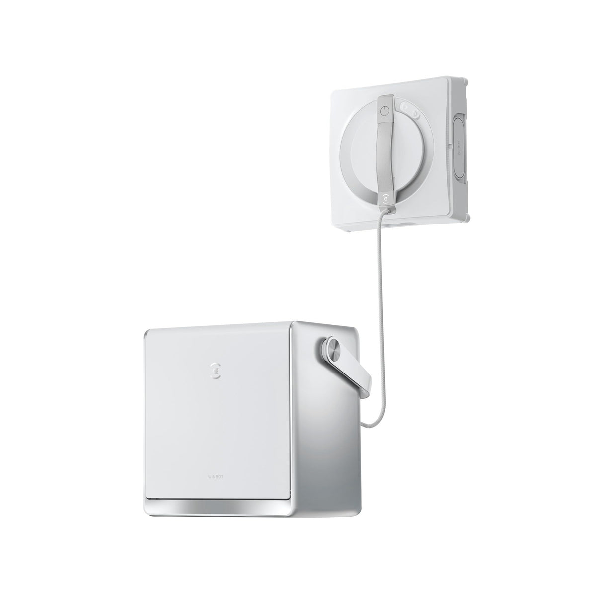 Ecovacs WINBOT W2 PRO OMNI window cleaning robot on glass, connected by cable to its white and silver portable station