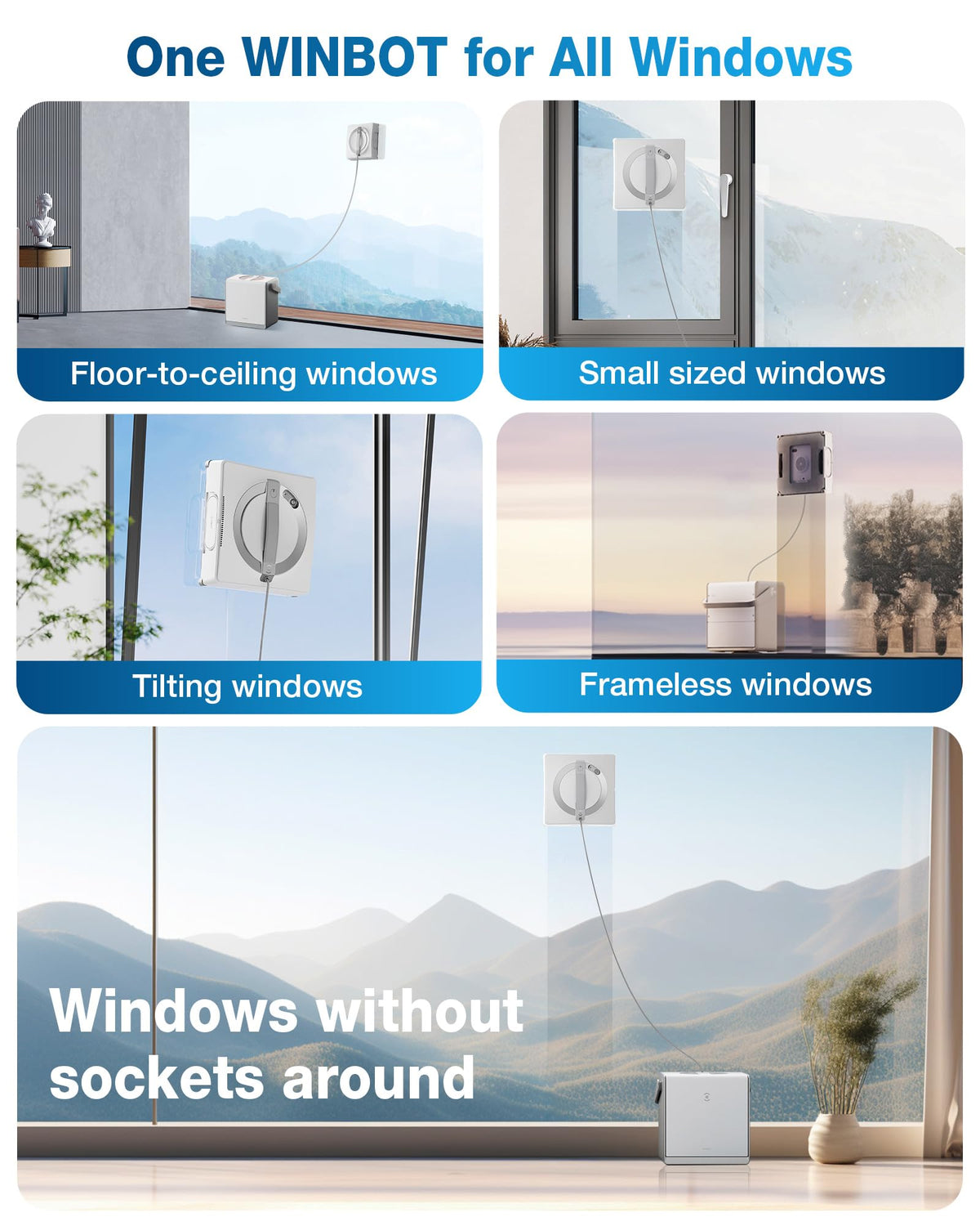 Ecovacs WINBOT W2 PRO OMNI used on floor-to-ceiling, small, tilting, frameless and socket-free windows
