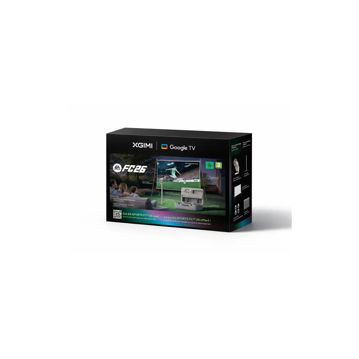 XGIMI MoGo 4 World Cup Bundle retail box with Google TV and EA Sports FC 26 branding showing the projector, stand, outdoor screen and carrying case
