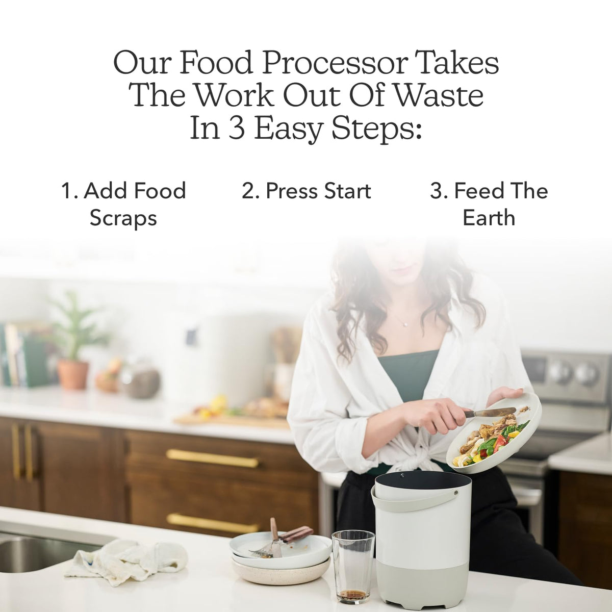 Person scraping leftovers into the FoodCycler ECO 5 bucket on a kitchen counter, with the three steps: add scraps, press start, feed the earth