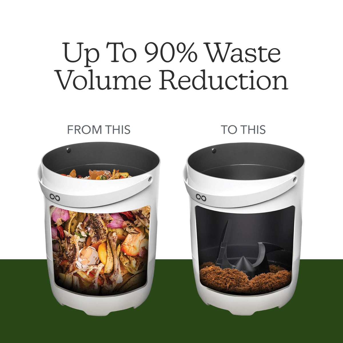 FoodCycler ECO 5 bucket before and after a cycle, showing food scraps reduced by up to 90%