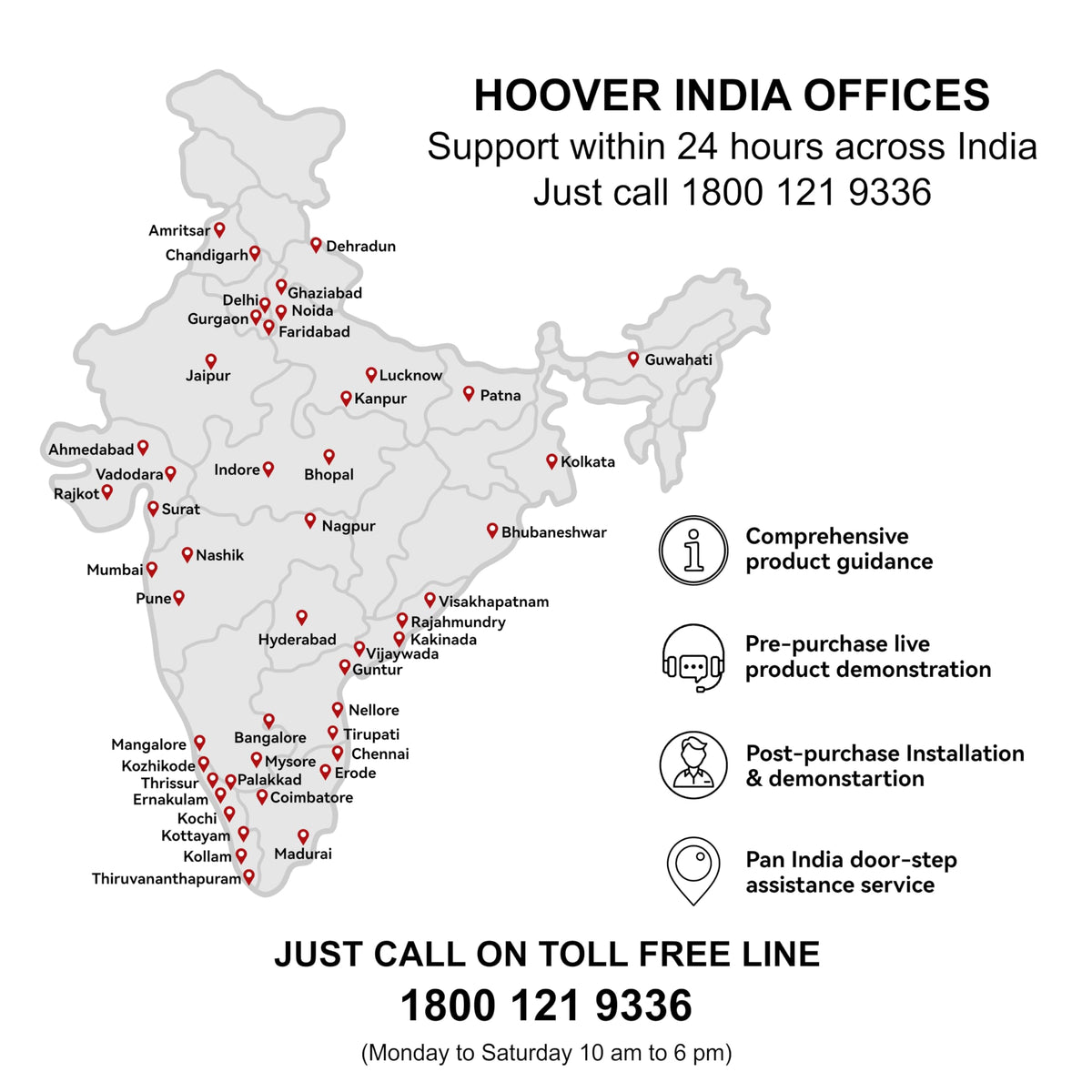 Hoover India support map listing service offices and the toll-free number 1800 121 9336 for the Hoover CWKTH012