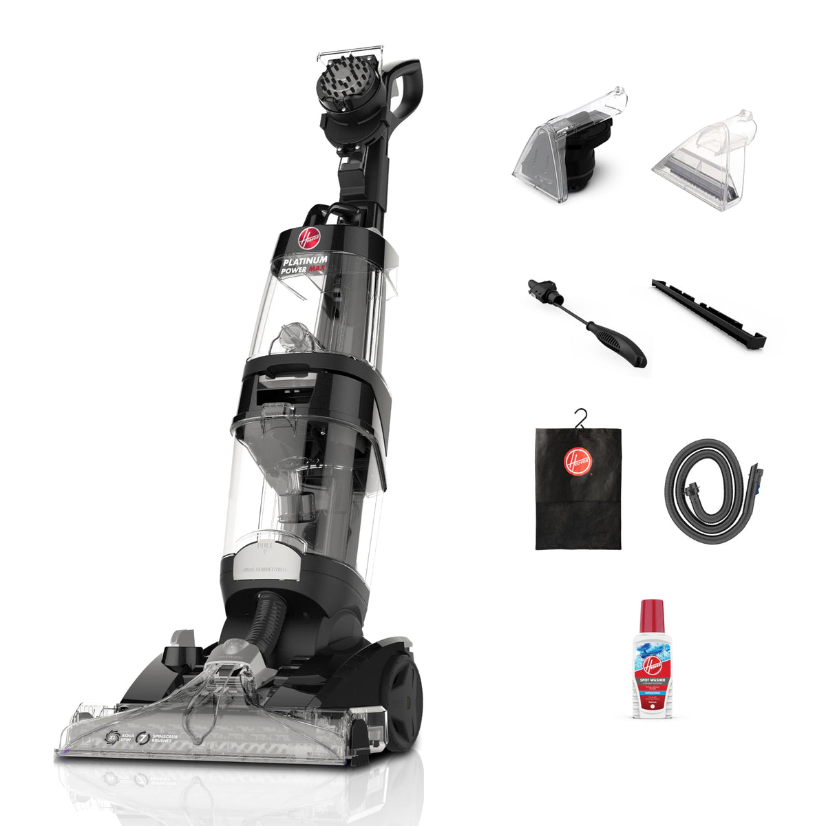 Hoover CWKTH012 Platinum Power Max carpet washer with hand tools, crevice tool, storage bag, hose and Spot Washer solution bottle
