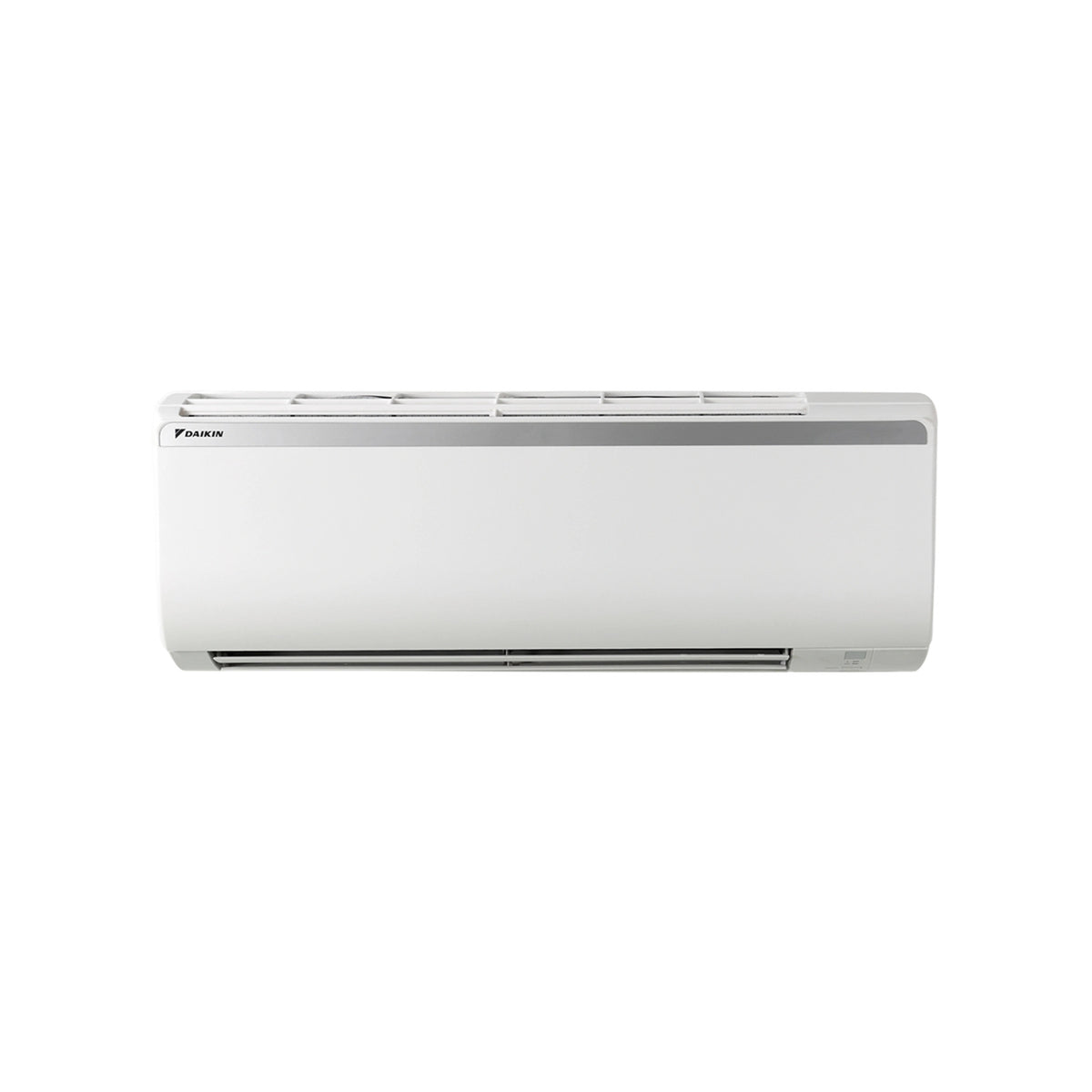 Daikin GTQ50XV16 white wall-mounted split AC indoor unit, front view with Daikin logo and silver accent strip