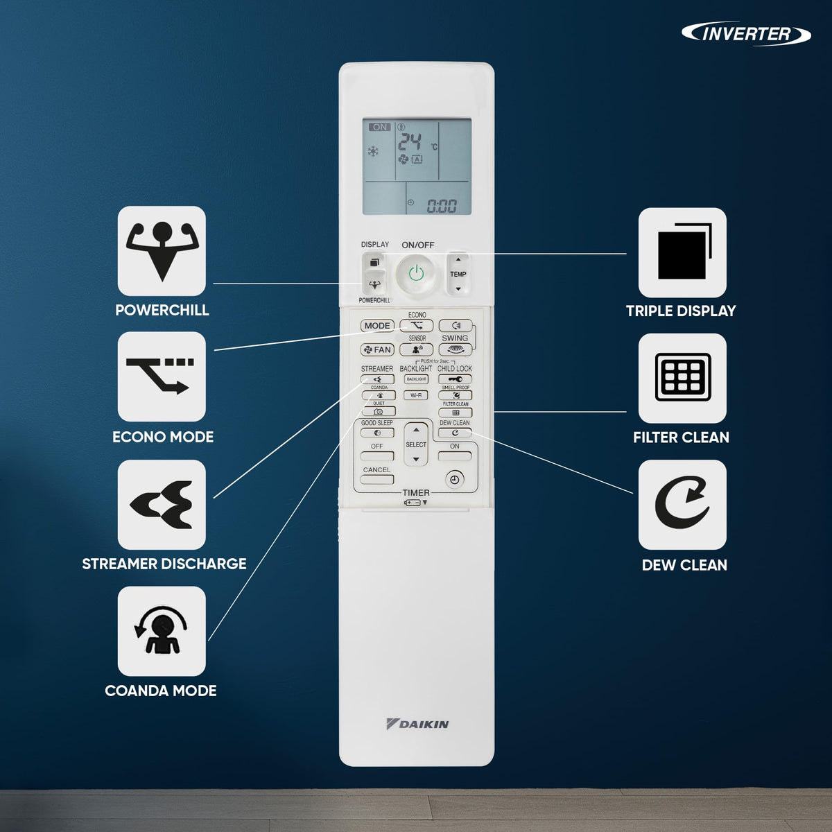 Daikin JTKJ60XV16 remote control with Powerchill, Econo, Streamer discharge, Coanda, Filter clean and Dew clean functions