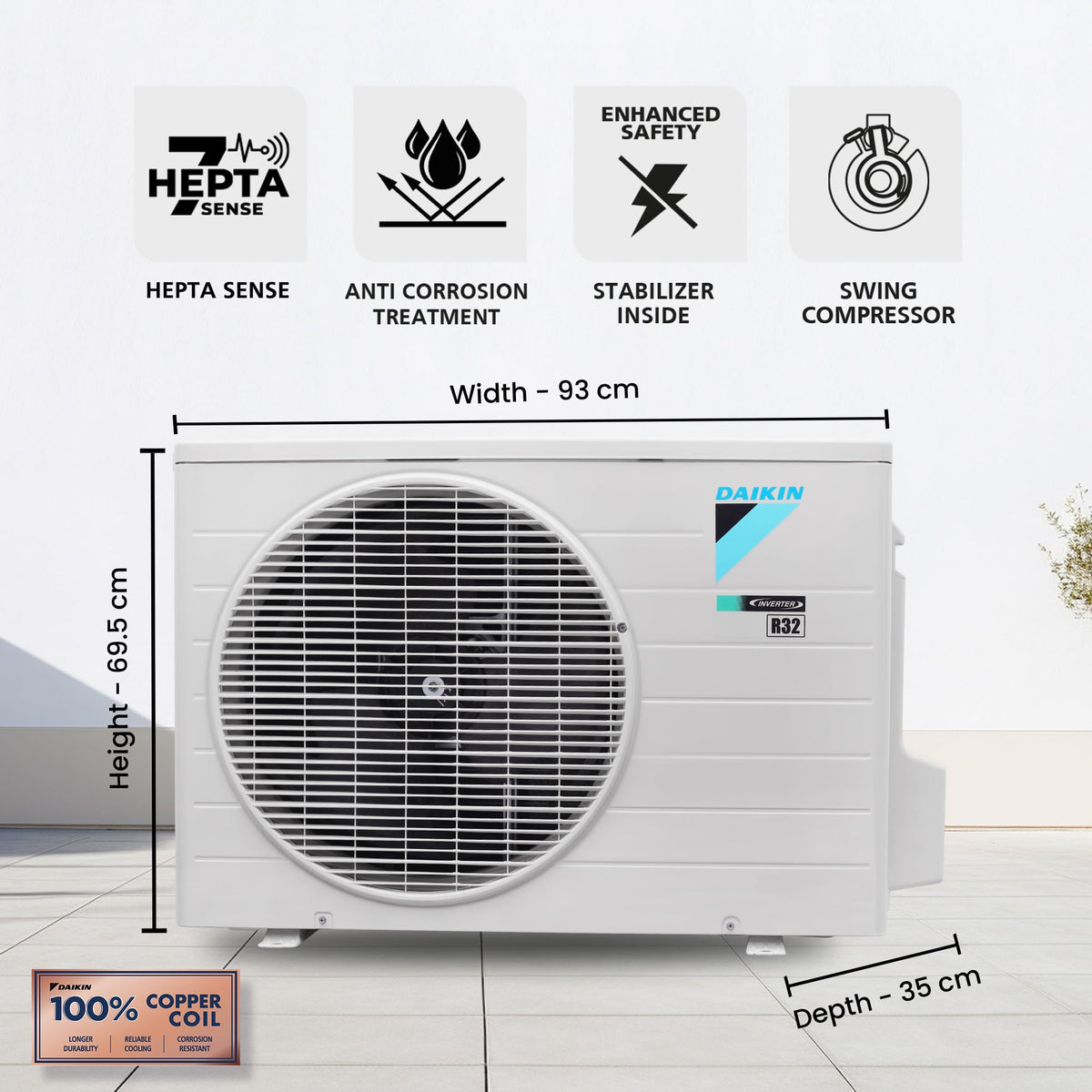 Daikin JTKJ60XV16 outdoor unit with width 93 cm, height 69.5 cm, depth 35 cm and 100% copper coil badge