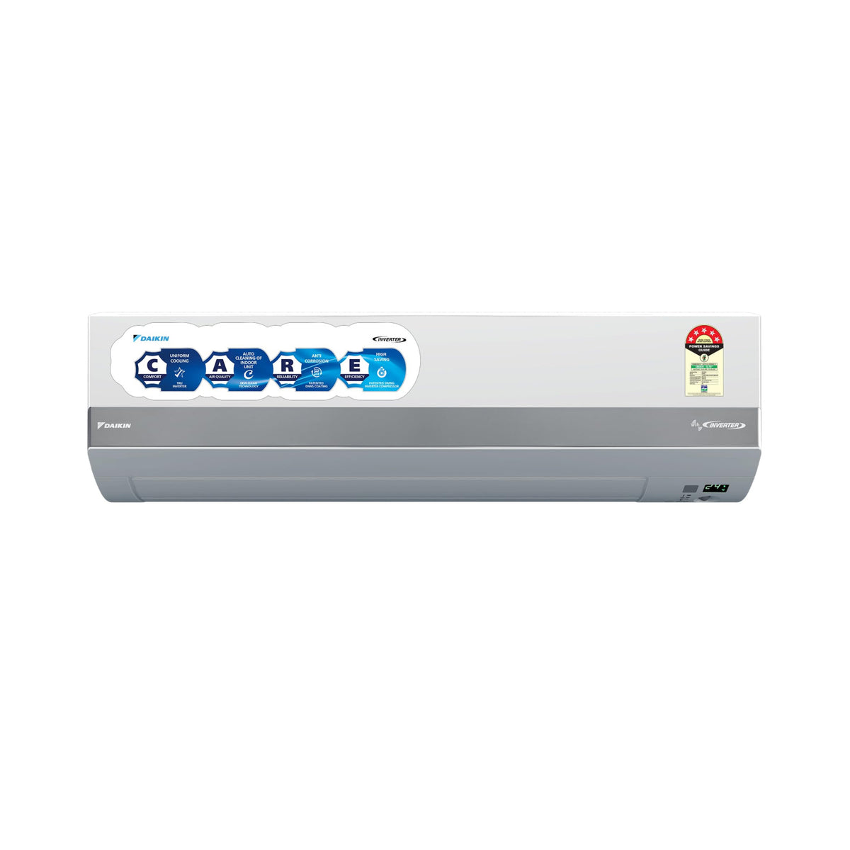 Daikin JTKJ60XV16 1.8 ton inverter split AC indoor unit in white front view with CARE feature label and 5 star energy label