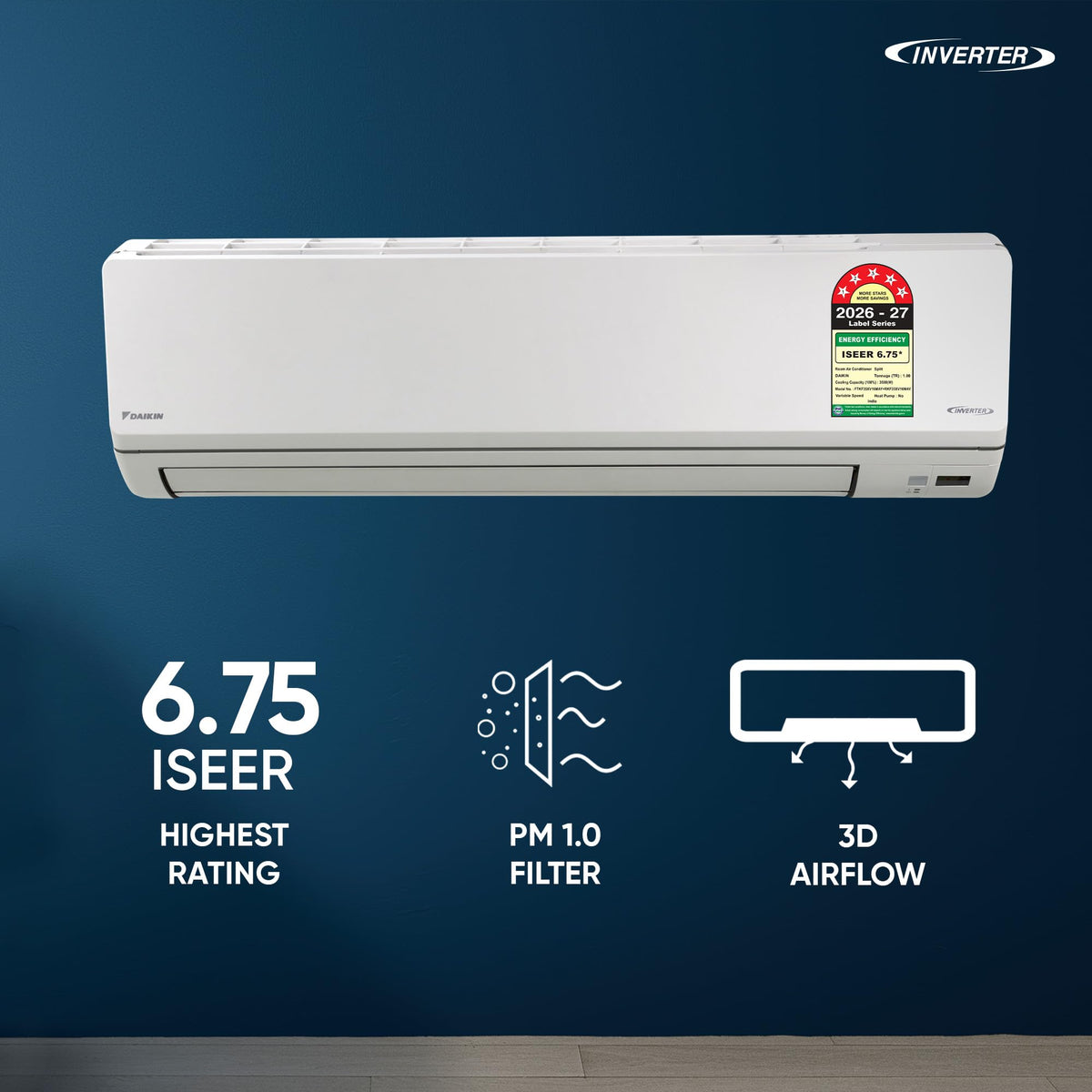 Daikin FTKF35XV16 indoor unit with 6.75 ISEER, PM 1.0 filter and 3D airflow highlights