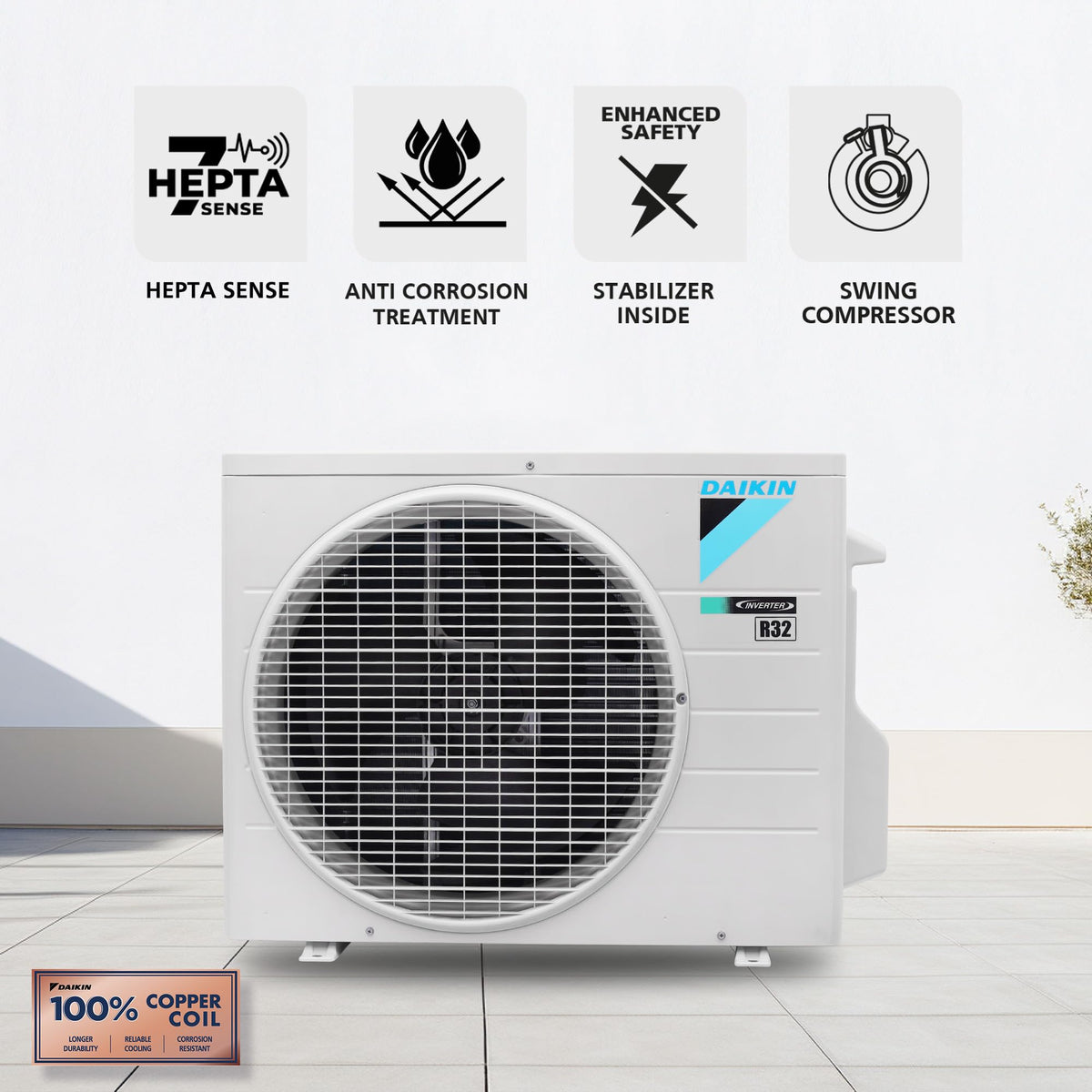 Daikin FTKF35XV16 outdoor unit with R32 mark, 100% copper coil and swing compressor feature icons