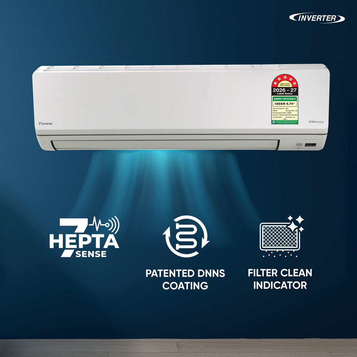 Daikin FTKF35XV16 split AC indoor unit blowing cool air with Hepta Sense, DNNS coating and filter clean indicator icons