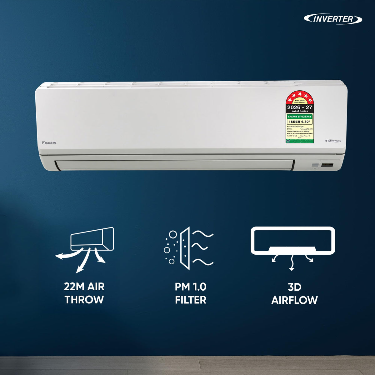 Daikin FTKF50XV16 split AC with 22 m air throw, PM 1.0 filter and 3D airflow icons