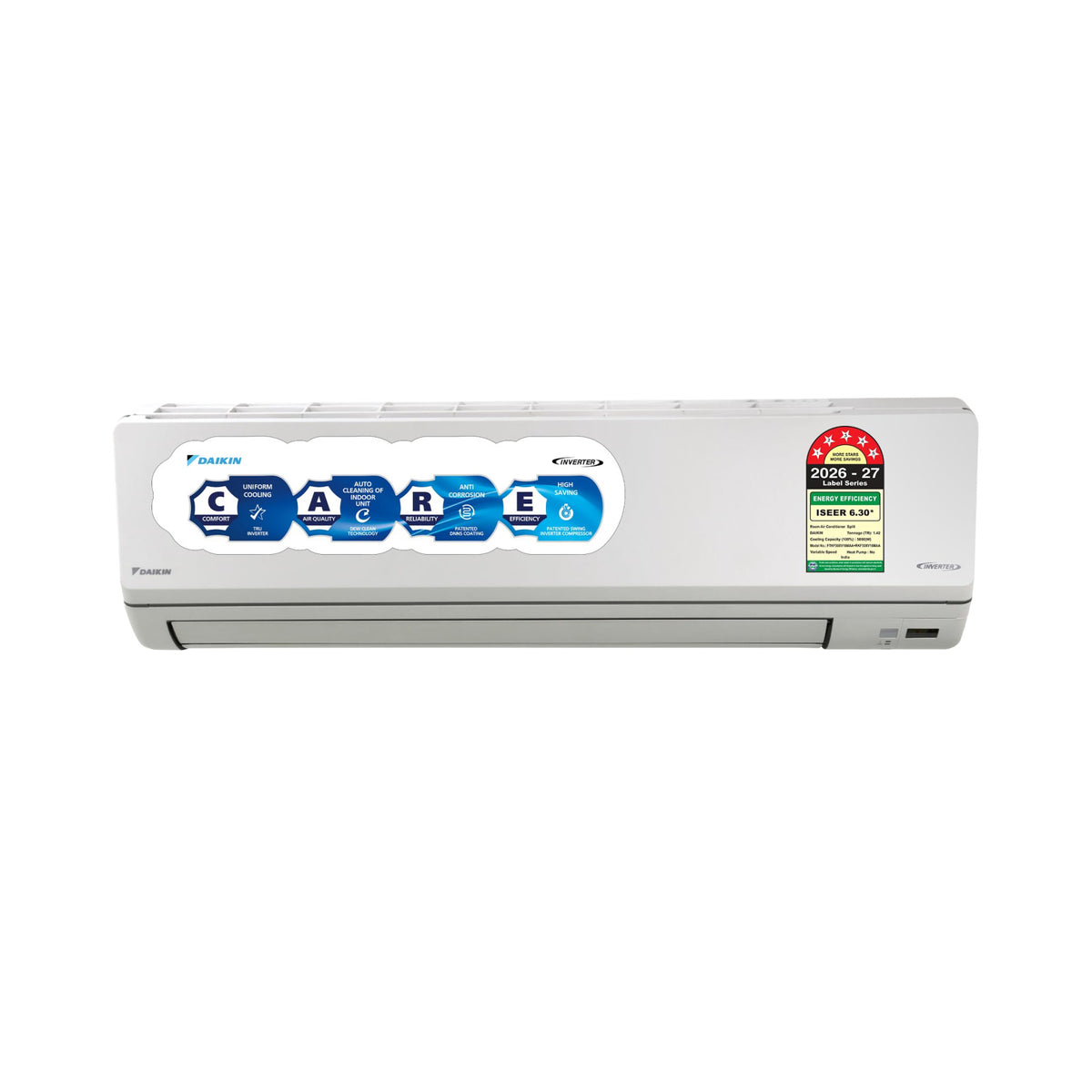 Daikin FTKF50XV16 white split AC indoor unit with CARE badge and 5 Star energy label