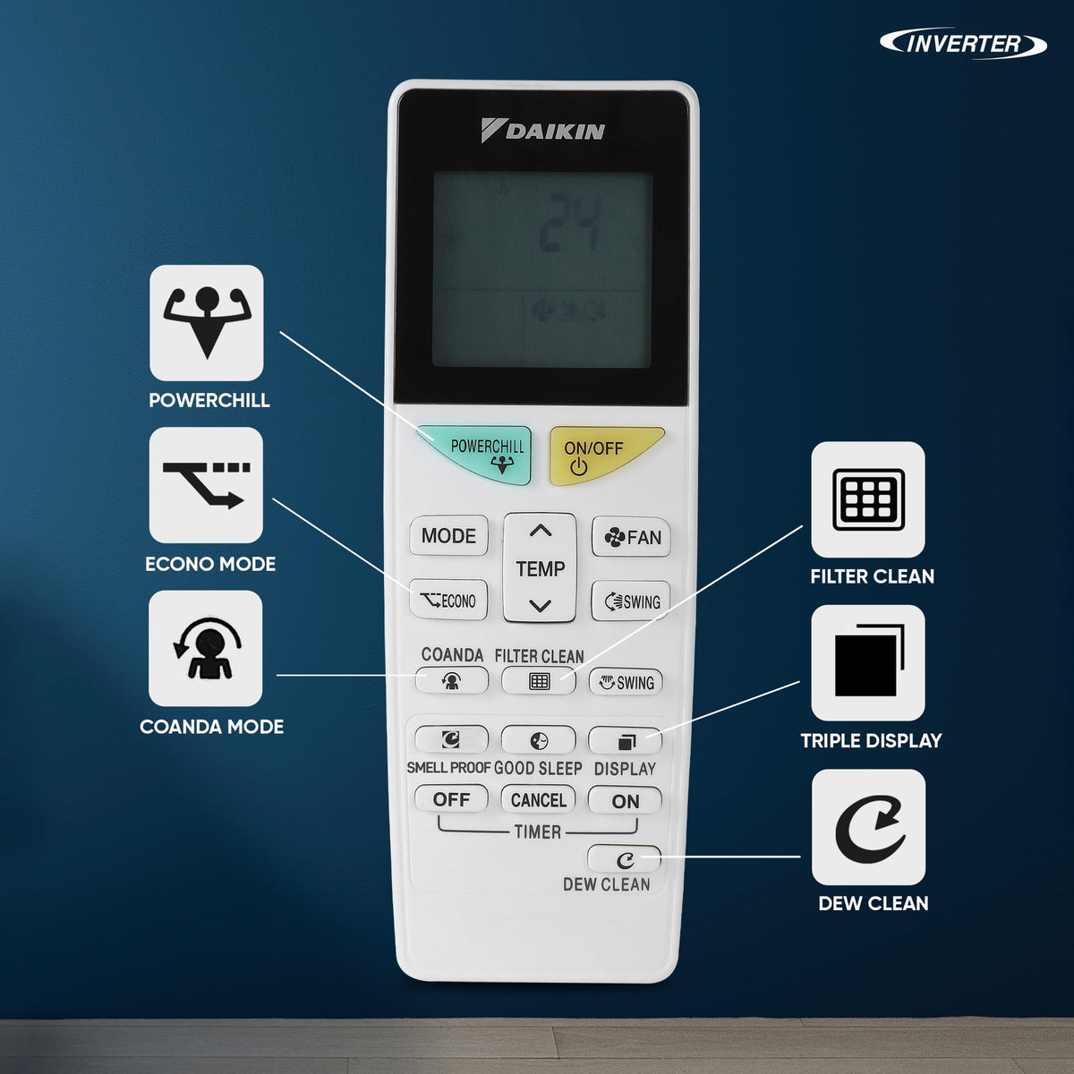 Daikin FTKF50XV16 remote control with Powerchill, Econo, Coanda, Filter Clean, Triple Display and Dew Clean buttons