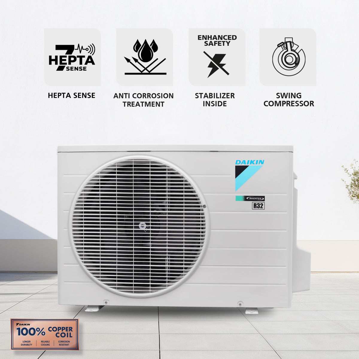 Daikin FTKF50XV16 outdoor unit with R32 mark, Hepta Sense, swing compressor and 100% copper coil badge