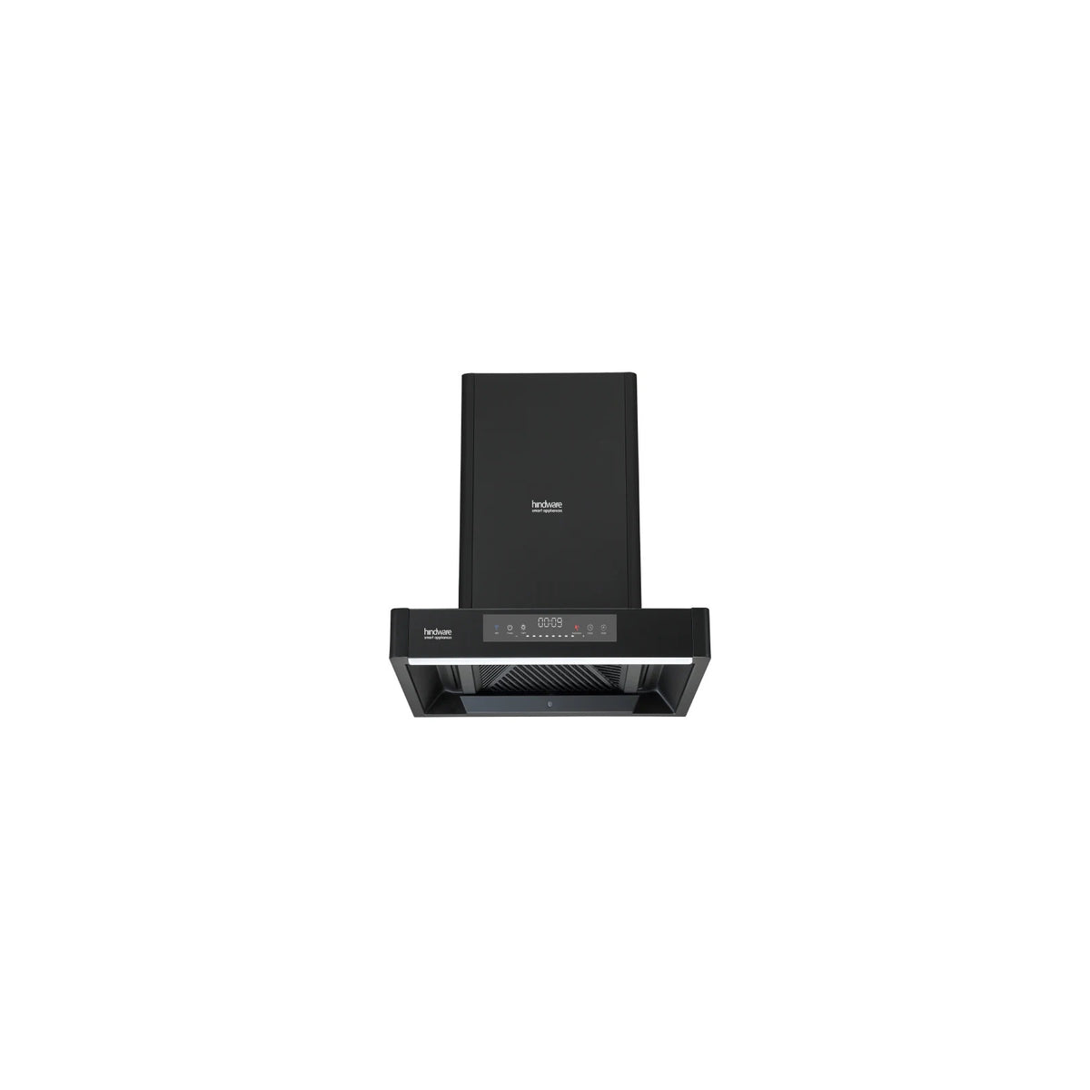 Hindware KA Cookerhood Optimus iPro BLDC 60 chimney front view with black body and touch display panel