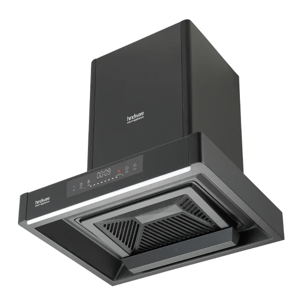 Hindware KA Cookerhood Optimus iPro BLDC 60 chimney seen from below showing the angled filter panel