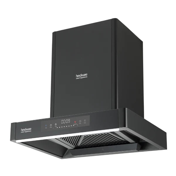 Hindware KA Cookerhood Optimus iPro BLDC 60 chimney angled view showing duct cover, display and underside filter