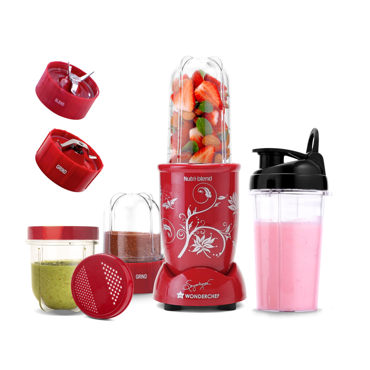 Wonderchef Nutri-Blend 63154888 red mixer grinder with blend and grind blade assemblies, jars, sipper jar and strawberry smoothie