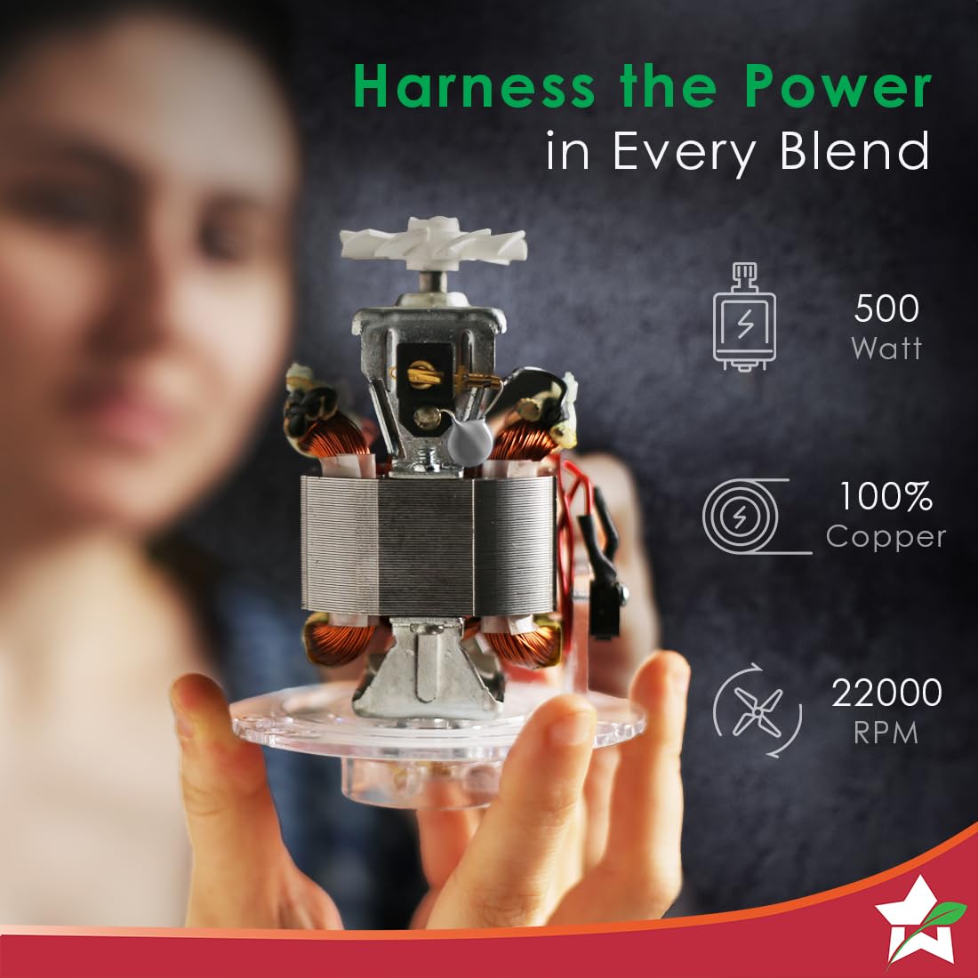 Motor of the Wonderchef Nutri-Blend 63154888 shown with 500 watt, 100% copper and 22000 RPM callouts