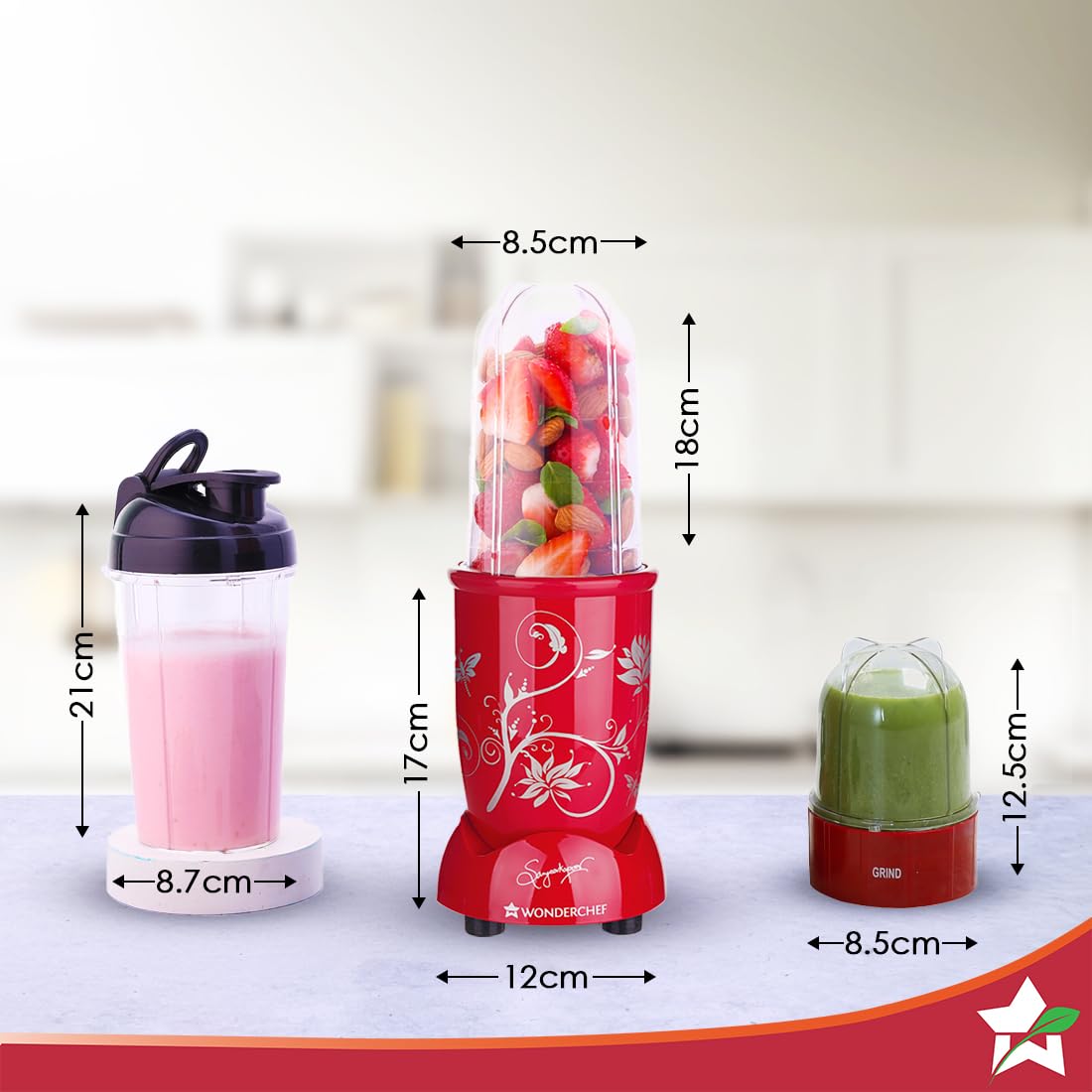Wonderchef Nutri-Blend 63154888 red mixer grinder with dimensions shown for the sipper jar, tall jar, motor base and grinding jar